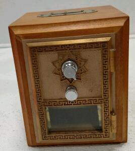 Vintage Postal Box Door Coin Bank with Brass Combination Lock and Oak Wood Box