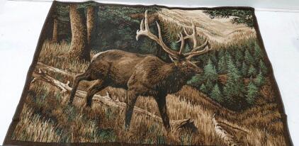Elk Wildlife Scene Woven Tapestry Wall Hanging, 36"X52", Brown Green Forest Landscape