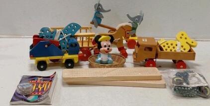 Mixed Lot: Klutz Rocket Yo-Yo with Book, Wooden Toy Trucks, Macrame Craft Kit, Minnie Mouse Figure