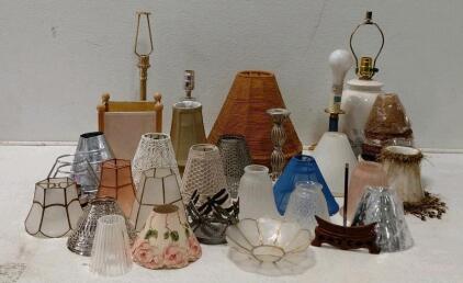 Vintage Table Lamps (Brass & Floral Ceramic) with 17 Assorted Lamp Shades