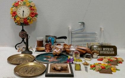 Vintage Decor & Kitchenware Lot | Flower Clock, Brass Trays, Eagle Plate, Retro Sign, More