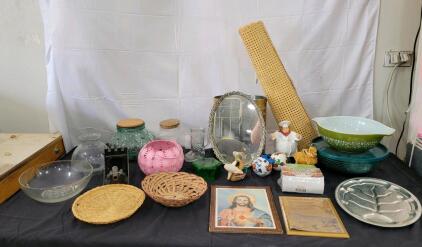 (1) Ornate Platter Mirror, (2) Canning Jars, (1) PYREX Container, (1) One Day at A Time Poem, & More!