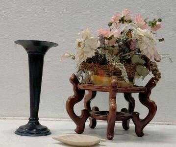 Oriental-Style Lacquered Plant Stand with Black Metal Floral Vase