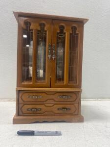 Vintage 16"x11"x7" Wooden Jewelry Chest with Glass Doors, Mirror, and Multiple Compartments