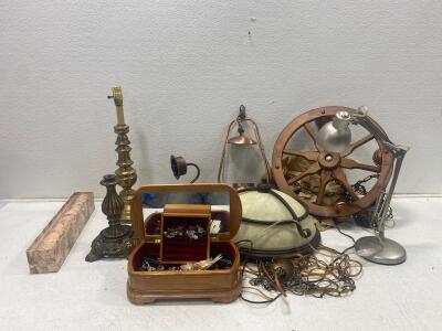 Vintage Brass Table Lamps, Wagon Wheel Ceiling Lights, Adjustable Desk Lamp & Jewelry Box Lot, powers on.