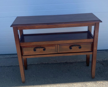 2 Drawer Wooden Console Table with Shelf, Dark Brown, 48" x 16" x 30", Metal Handles