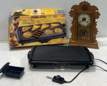 Presto 07034 Cool Touch Electric Griddle 10.5x20" Nonstick Surface Drip Tray Cord & Box, powers and heats. Mini grandfather clock does not work. Parts in clock.
