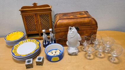 Eclectic Vintage Kitchenware Lot &ndash; Plates, Glasses, Figurines, Decorative Cabinets & Trunk