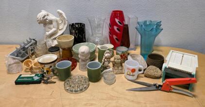 Assorted Household Lot: Decor, Drinkware, Tools, McDonald's Mug, Ceramic Angel Figurine