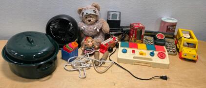 Vintage Fisher Price Toys, Granite Ware Roaster, Honeywell Fan, Toastmaster Knife, Timex Clock Lot, And More
