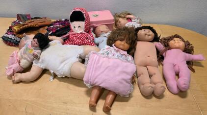Vintage Mixed Dolls Lot &ndash; Cabbage Patch Style, Cloth & Vinyl, Dolls, Accessories Included Vintage Baby Toddler Dolls, Cloth & Vinyl, Assorted Outfits, 1980s-1990s