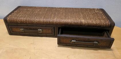 Vintage Style Rattan & Wood 2-Drawer Storage Chest, 41x13x8 in, Metal Latches, Decorative Handles
