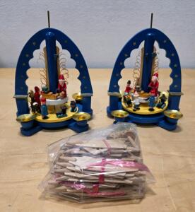 Pair of German Wooden Christmas Candle Pyramids, Blue Arch Design, Single-Tier, 4 Candle Holders