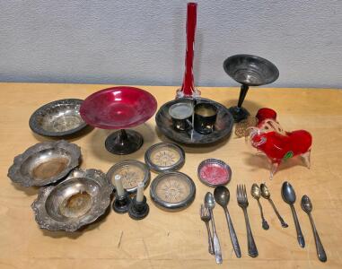 Vintage Silverplate & Glass Tableware Lot: Bowls, Flatware, Red Glass Figurine, Compotes