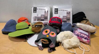 Mixed Lot: SALT Swing-Front 12 Storage Bins, Assorted Hats (Boston, Harley Davidson, Owl Beanie)