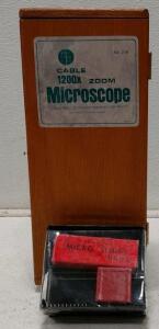 Cable 1200X Zoom Microscope No. 210 with Wooden Case & Micro Slides