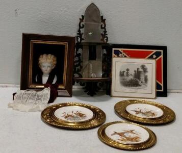 Vintage Alfred Meakin Game Bird Plates Lot, Porcelain Doll Head, Ornate Wall Shelf & Devizes Castle Print
