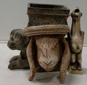 Whimsical Gargoyle Statue, Monkey Planter with Lion Detail, Reclining Animal Garden Decor Lot