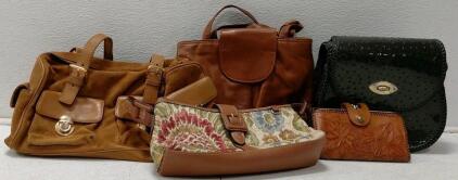 Vintage Handbag Lot &ndash; Assorted Leather, Tapestry, Faux Ostrich, Embossed Wallet, 5 Pieces
