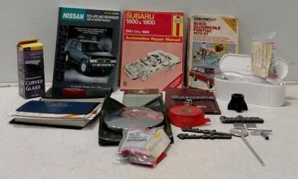 Vintage GM Emblems, Oldsmobile/Chevy, Manuals Nissan Subaru 70s-80s Car Parts Lot
