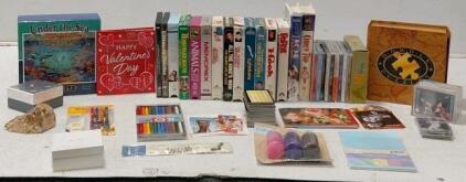 Vintage Collectibles Lot: VHS Tapes, Trading Cards, Craft Supplies, CDs, 55+ Items