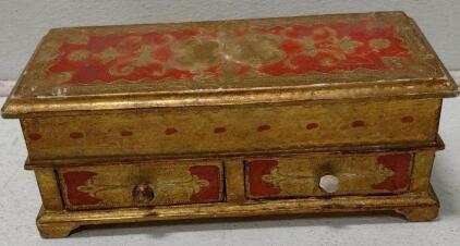 Hand-Painted Italian Wooden Jewelry Box, Gold Leaf, ART. 80, Hinged Lid, 2 Drawers, Made in Italy