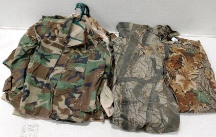 Mixed Camouflage Military Surplus Lot: Woodland, Desert, Hunting Camo, Multiple Sizes & Brands