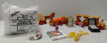 Mixed Lot Household Goods: Mattress Pad, Wood Toys, Kitchenware, Clock, Collectibles, 10+ Pieces