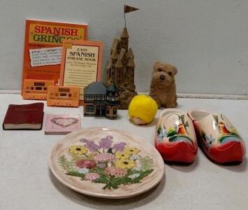 Vintage International Souvenir Lot - Dutch Wooden Clogs, Spanish Cassette Books, Sand Castle and More