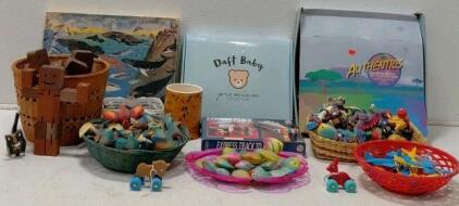 Large Mixed Lot: Baby Handprint Keepsake, Barron's French Course, 100+ Animal Toy Figures, Wooden Toys