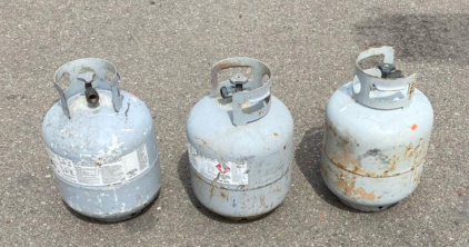 Set of 3 Steel 20 lb OPD Propane Gas Cylinders, Heavy Rust, No Accessories