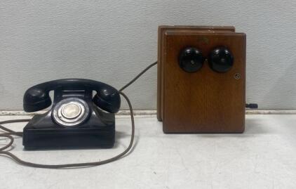 Vintage Desktop Telephone with Wood External Bell Box, Bakelite Handset, 1930s-1950s Era