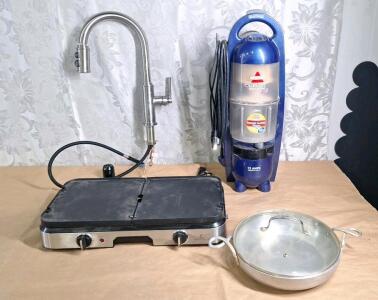 (1) Emeril Lagasse 3-in-1 Indoor Grill / Griddle, (1) Vintage Wear Ever Hallite Aluminum Twist handle 10.5" Pan No 2110, (1) Bissell Vacuum Section W/O Brush/Handle Section & (1) Used Kitchen Sink Faucet
