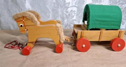 (1) Vintage Wooden Handcrafted Horse & Covered Wagon Folk Art Pull Toy