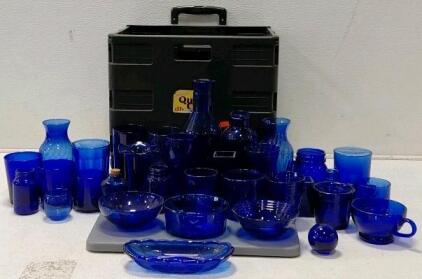 Assorted 24-Piece Cobalt Blue Glassware Set with Cases, Vases, Bowls, Bottles, "Quik Car" Hard Case