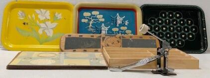 Vintage Metal Serving Trays, Mid-Century Black Folk Motif Lot & Single Chain-Drive Bass Drum Pedal