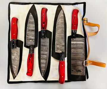 5-Piece Damascus Steel Kitchen Knife Set With Red/Black Wood Handles And Leather Roll