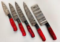 5-Piece Damascus Steel Kitchen Knife Set With Red/Black Wood Handles And Leather Roll - 2