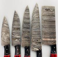 5-Piece Damascus Steel Kitchen Knife Set With Red/Black Wood Handles And Leather Roll - 4