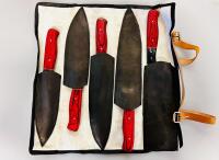 5-Piece Damascus Steel Kitchen Knife Set With Red/Black Wood Handles And Leather Roll - 5