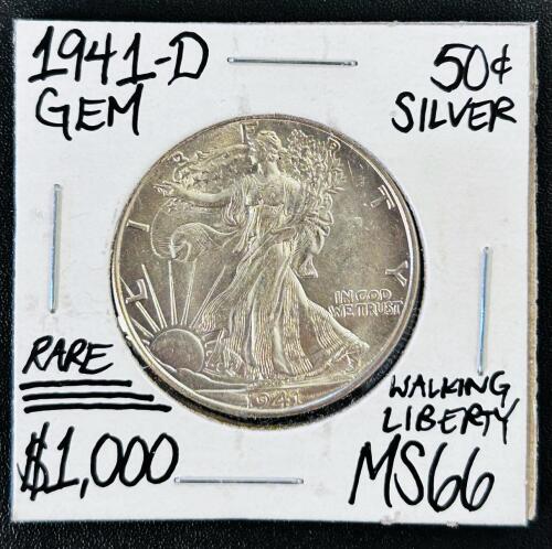1941-D Walking Liberty Half Dollar MS66 GEM, Denver Mint, 90% Silver, 50&cent; Coin