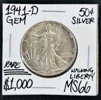 1941-D Walking Liberty Half Dollar MS66 GEM, Denver Mint, 90% Silver, 50&cent; Coin