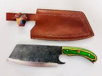 Hand-Forged Chef Cleaver Knife, High Carbon Steel Blade, Green Laminated Wood Handle, Leather Sheath