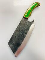 Hand-Forged Chef Cleaver Knife, High Carbon Steel Blade, Green Laminated Wood Handle, Leather Sheath - 2