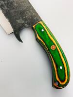 Hand-Forged Chef Cleaver Knife, High Carbon Steel Blade, Green Laminated Wood Handle, Leather Sheath - 3