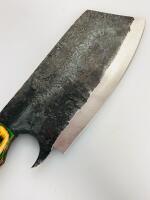 Hand-Forged Chef Cleaver Knife, High Carbon Steel Blade, Green Laminated Wood Handle, Leather Sheath - 5