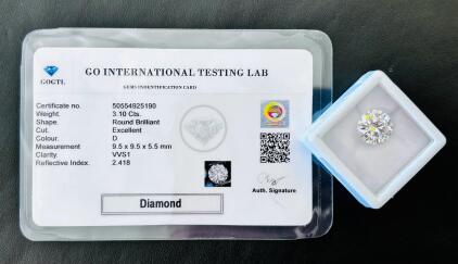 3.10 Carat Round Brilliant Diamond, D Color, VVS1 Clarity, GOGTL Certified, Excellent Cut