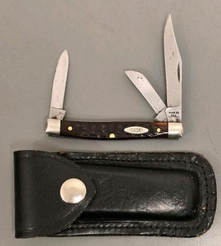 Case XX USA 3-Blade Folding Pocket Knife, Jigged Bone Handle, Leather Sheath