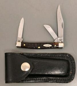 Case XX USA 3-Blade Folding Pocket Knife, Jigged Bone Handle, Leather Sheath