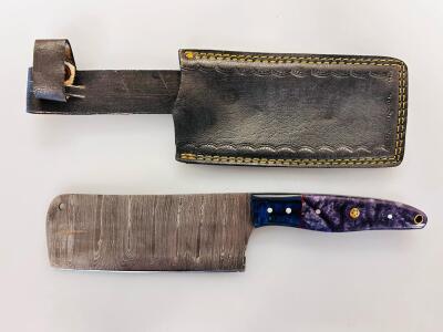 Handmade Damascus Steel Cleaver Knife, Resin & Wood Handle, Leather Sheath, Mosaic Pin